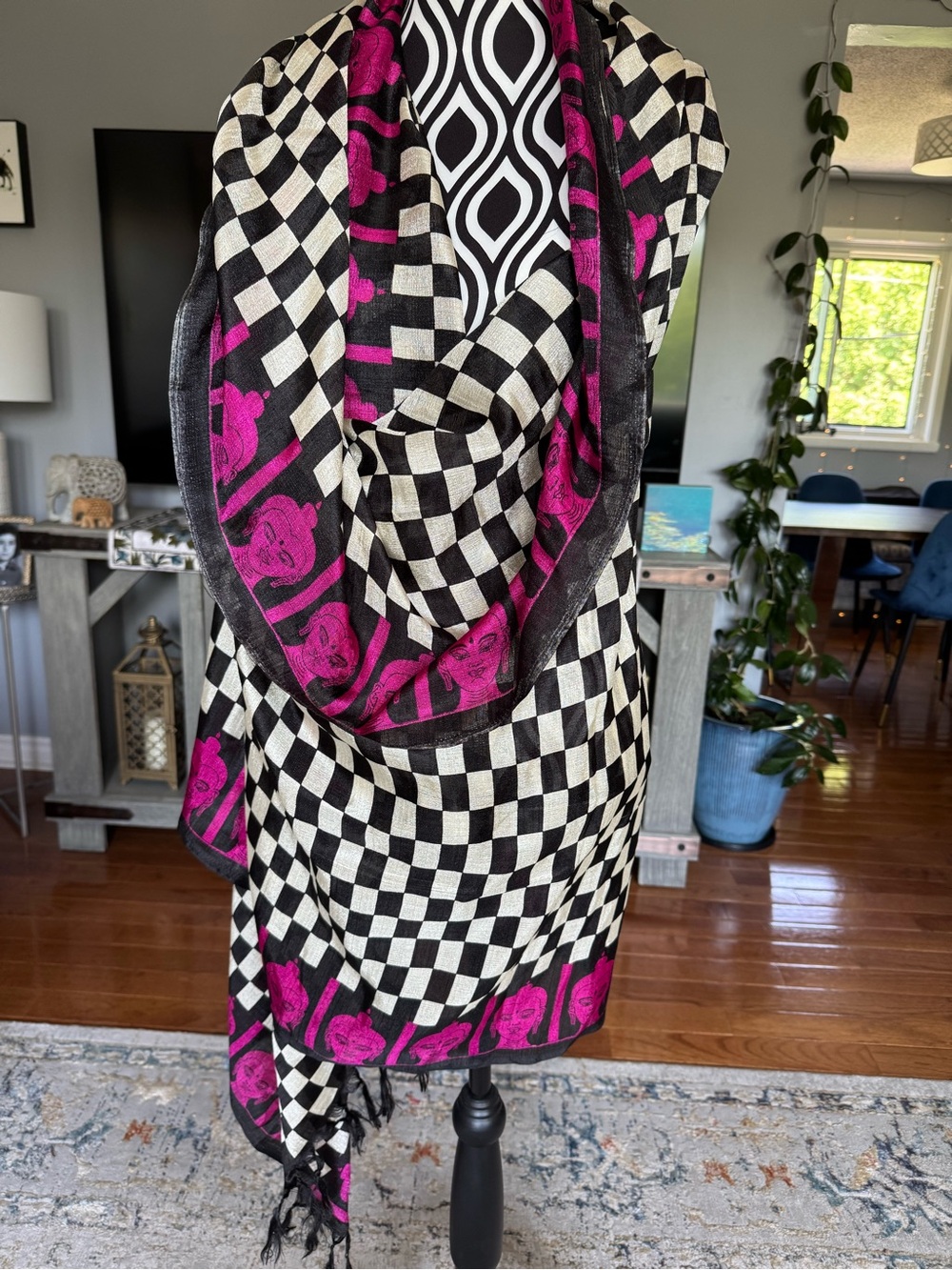 Silk Black & White Checkerboard Scarf with Magenta Border